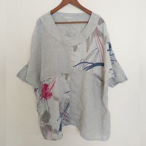 Oversized Linen Tunic Top Abstract Print Made In Italy Size 8